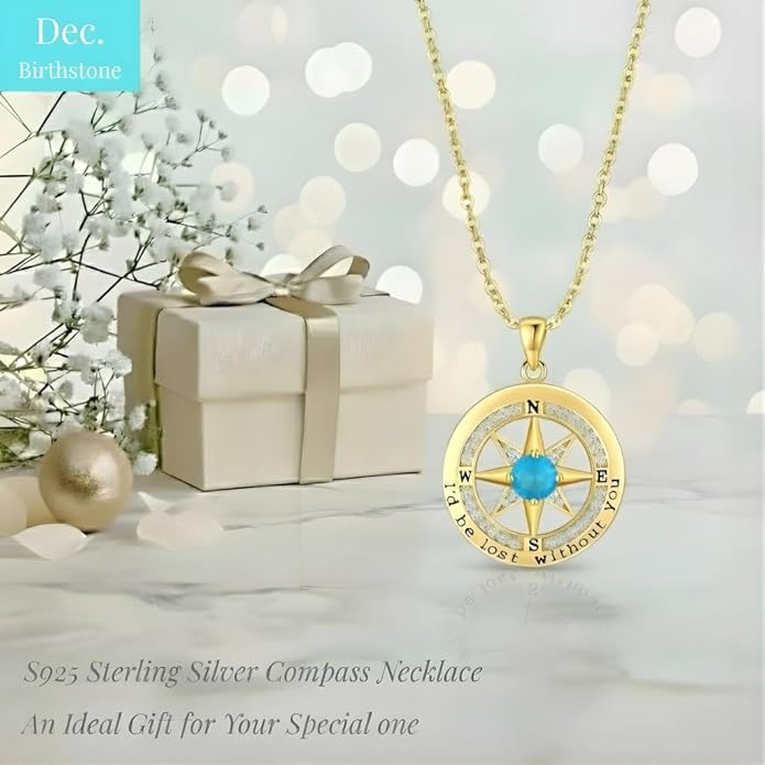 Compass Necklace for Women Wife Girlfriend Mom Daughter Gifts S925 Silver Jewelry For Anniversary Rose Gold Gifts For Birthday Christmas Mothers Valentines Day 12 Birthstones
