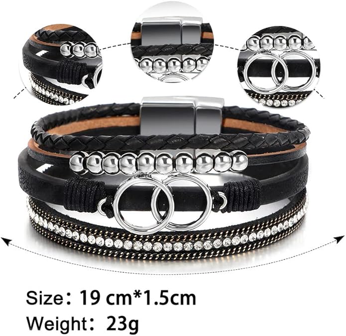 Fesciory Leopard Bracelet for Women, Boho Leather Wrap Multi-Layer Pearl Crystal Bracelet Bangle Jewelry