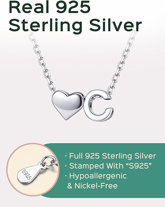 ChicSilver 925 Sterling Silver Heart Initial Necklaces for Women -Dainty Personalized Heart Pendant Letter Alphabet Necklace for Women