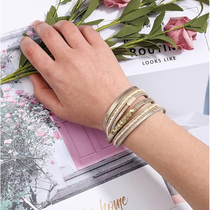 Fesciory Leather Wrap Bracelets for Women, Boho Leopard Multi-Layer Crystal Beads Cuff Bracelet Jewelry