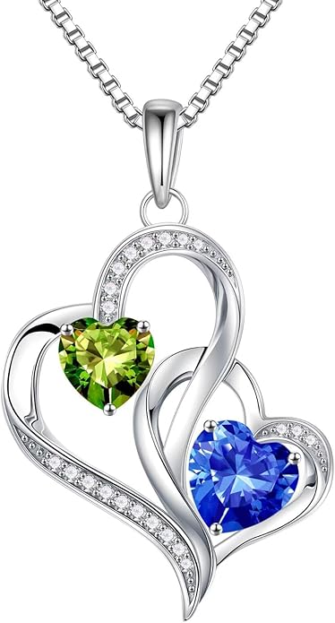 Iefil Christmas Gifts for Women - Double Heart Birthstone Necklace, 925 Sterling Silver Heart Pendant Necklace, Anniversary Birthday Gifts for Women | Personalized Jewelry Gift for Wife Mom Girlfriend