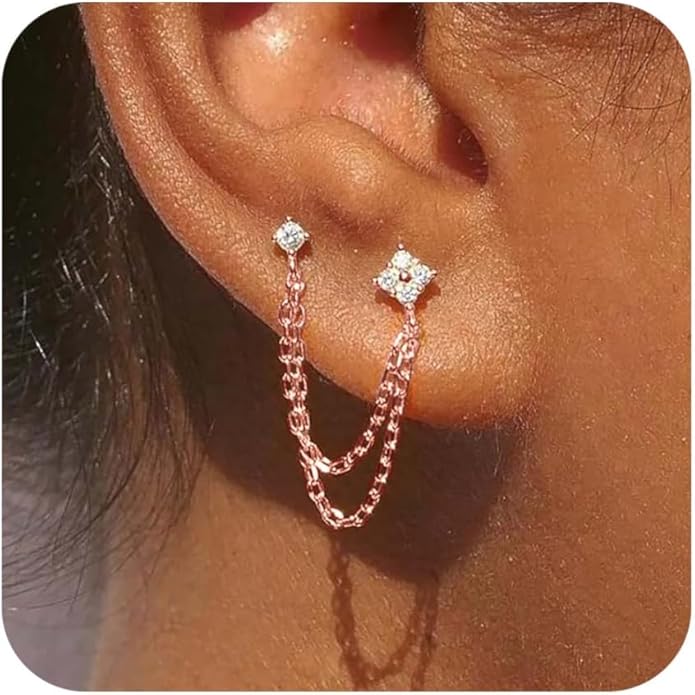 Freekiss Gold Chain Studs Earrings for Women Trendy: Hypoallergenic 14K Gold Plated Dangle Earrings Dainty Small Long Chain Earring Set Fashion Gold Jewelry for Women