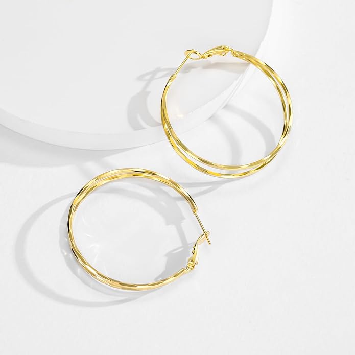 Diamond-Cut Double Hoop Earrings for Women 14k Gold Plated 925 Sterling Silver Posts Lightweight Hypoallergenic Split Hoop Earrings Trendy Jewelry Gifts for Women