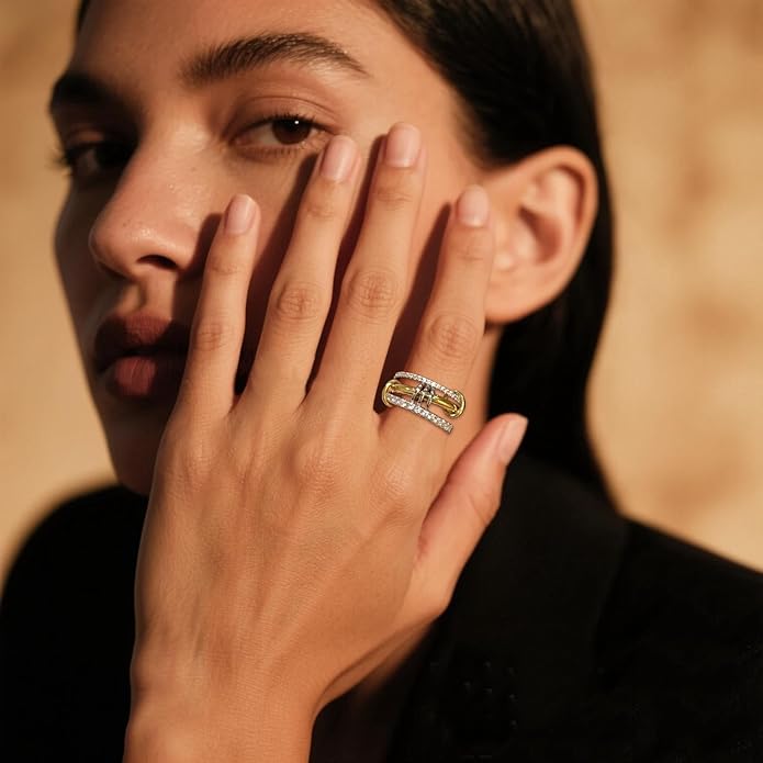 Canboer 14K Gold Plated Interlocked Stackable Rings for Women Non Tarnish,Gold and Silver Cubic Zirconia Statement Rings Set,Mixed Metals Ring Two-Toned Connected Bands Stacking Jewelry