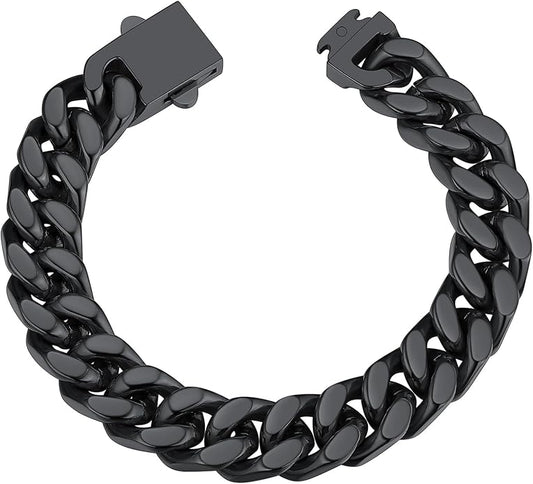 ChainsHouse Stainless Steel Cuban Link Bracelet for Men, 5mm/7mm/9mm/12mm Width, 7.5"/8.3"/9" Length, Black/18K Gold Plated Chain Wrist Bracelets for Men, with Gift Box