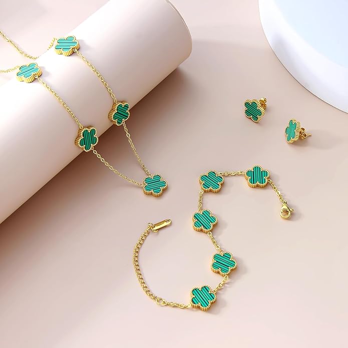 AmorArtSky Lucky Clover Jewelry Set - 18K Gold Plated Flower Design Five Leaf Bracelet, Necklace Pendant, Earrings for Women - Lucky Gifts for Mom, Wife, Daughter, Friends