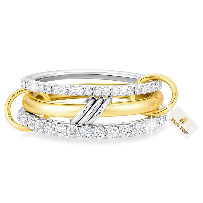 18K Gold plated Stackable Rings For Women Silver And Gold Stackable Ring Set Cubic Zircon Mixed Metal Rings For Engagement Wedding Birthday Valentine's Day Mother's Day Gift