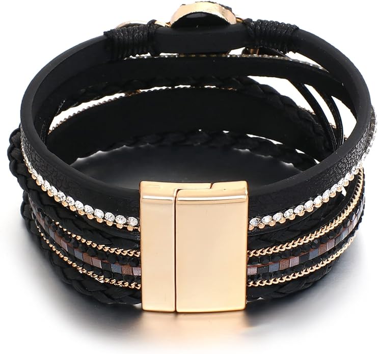 Leather Wrap Bracelet for Women Beaded Cuff Bracelet with Heart-shape Decor Bohemian Crystal Bracelet Jewelry with Clasp Bangle Bracelet for Women Girls Birthday Holiday Gift