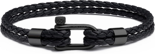 Elegatto Helix Premium Vintage Leather Bracelet for Men | Double Black Leather Strands with Sterling Silver Polished Mini Shackle Closure | Men’s Designer Jewelry