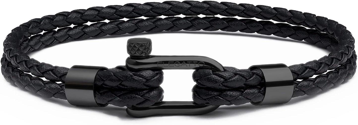 Elegatto Helix Premium Vintage Leather Bracelet for Men | Double Black Leather Strands with Sterling Silver Polished Mini Shackle Closure | Men’s Designer Jewelry
