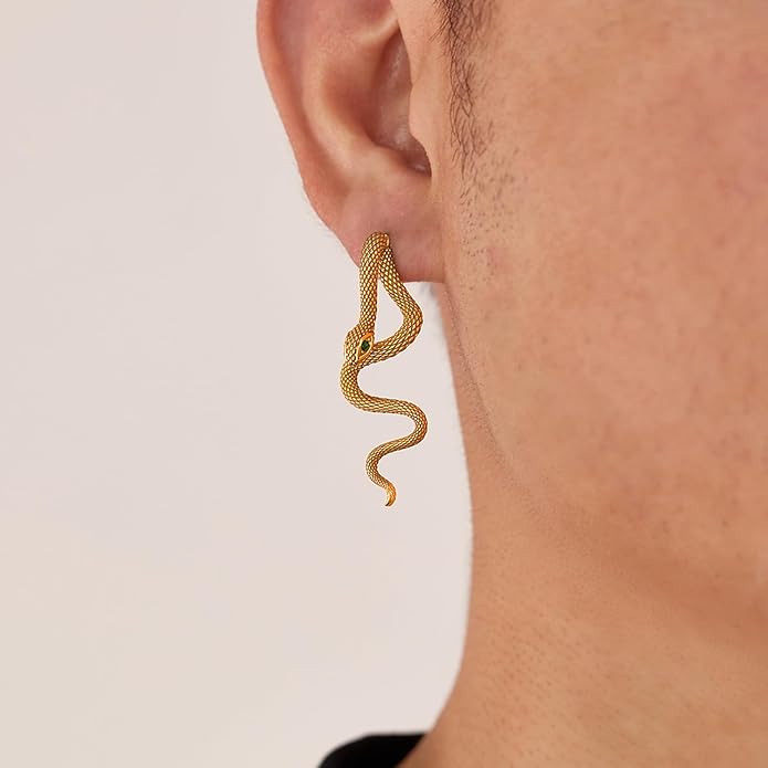 snake shaped personalized earrings with stainless steel pattern inlaid with emerald gemstones, showcasing unique charm for daily parties
