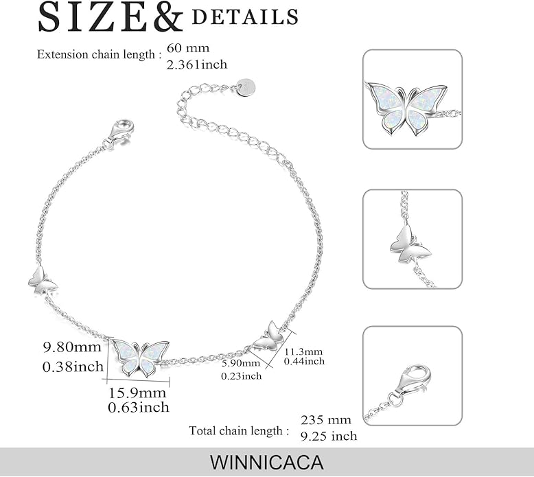 WINNICACA Sterling Silver Butterfly Bracelet Anklet Created Opal Butterfly Jewelry Gifts for Women Birthday Christmas Day Gifts