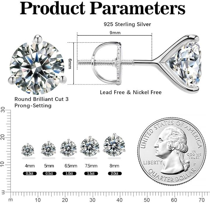 Moissanite Earrings for Men Women,VVS1 Clarity D Color 0.3-2ct,925 Sterling Silver Hypoallergenic Screw Back,Ideal Gift for Wedding Birthday Anniversary Valentine's Day