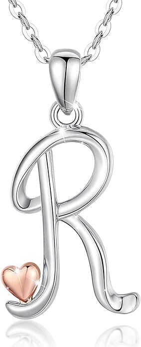 CELESTIA 925 Sterling Silver Initial Necklaces 26 Letter with Rose Gold Heart - 18 Inch Chain