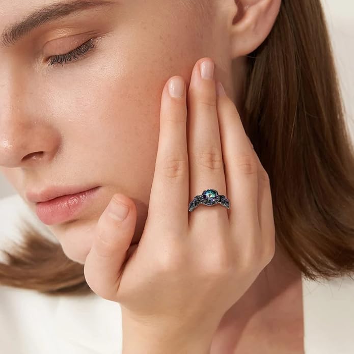 Gothic Black Rings for Women, Mystic Rainbow Topaz with Created Amethyst Flower Goth Black Gold Wedding Engagement Ring Size 6 to 11