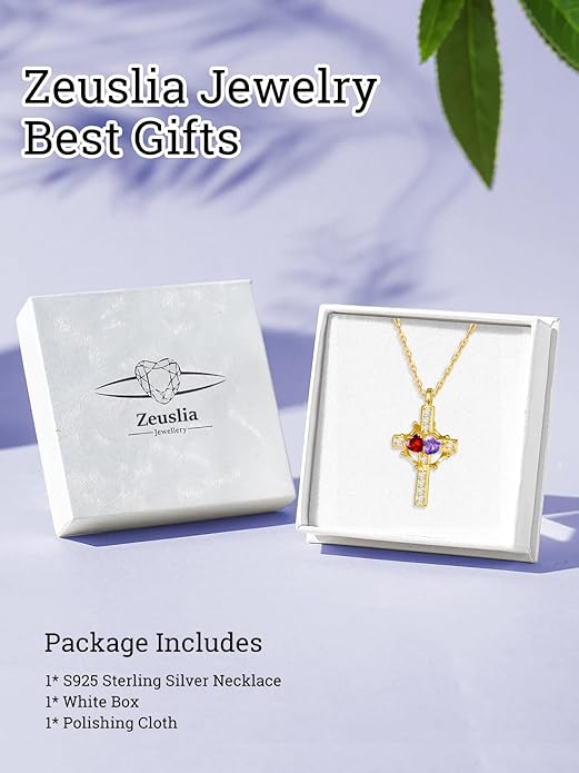 Zeuslia Double Birthstone Necklace Gifts for Wife - 925 Sterling Silver Sunflower/Rose/Crown Cross/Compass/Heart Pendant I Love You Necklace, Anniversary Birthday Gifts for Wife Girlfriend Mom Her
