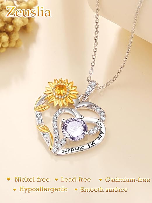 Zeuslia Double Birthstone Necklace Gifts for Wife - 925 Sterling Silver Sunflower/Rose/Crown Cross/Compass/Heart Pendant I Love You Necklace, Anniversary Birthday Gifts for Wife Girlfriend Mom Her