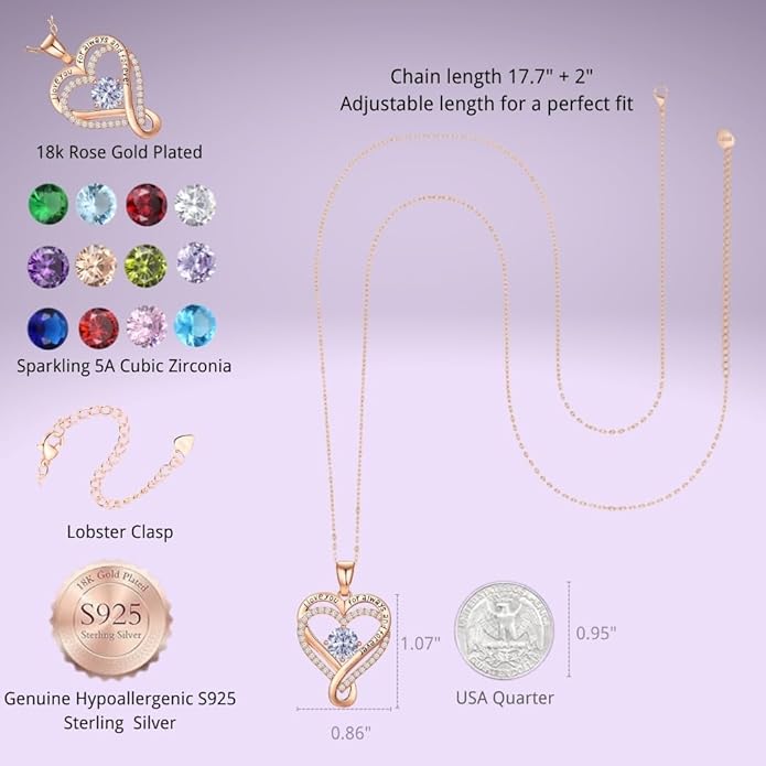 Birthstone Infinity Heart Necklace for Women Wife Girlfriend Mom Daughter Gifts S925 Silver Jewelry For Anniversary Rose Gold Gifts For Birthday Christmas Mothers Valentines Day