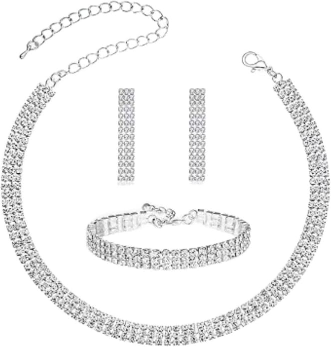 Crystal Wedding Jewelry Set, Silver Necklace Earrings Bracelet Crystal Bridal Wedding Jewelry Sets for Brides Bridesmaid Prom Costume Accessories