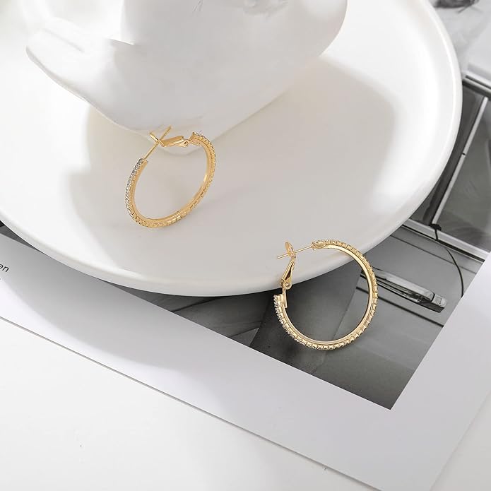 925 Sterling Silver Earrings Large Rhinestone Hoop Earrings Big Cubic Zirconia Hoop Earrings Thin Rhinestones Round Hoop Earrings for Women 20/30/40/50/60/70mm Sparkly Hoops With Crystals for Womens