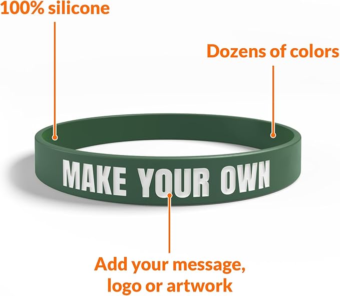 Custom Wristbands For Events, Fundraisers & Promotions | Add Text, Icons, & Logos | Bulk Rubber Bracelets | Classic 1/2” | 100% Silicone
