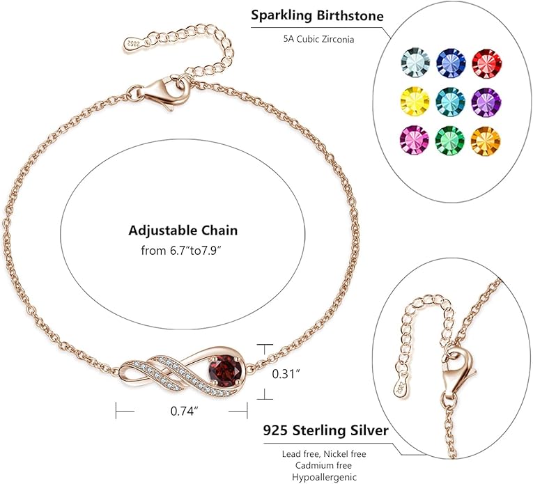 Birthstone Bracelets for Women 925 Sterling Silver Created Gemstone Bracelet Infinity Pendant Jewelry for Her, 6.7"+1.2"