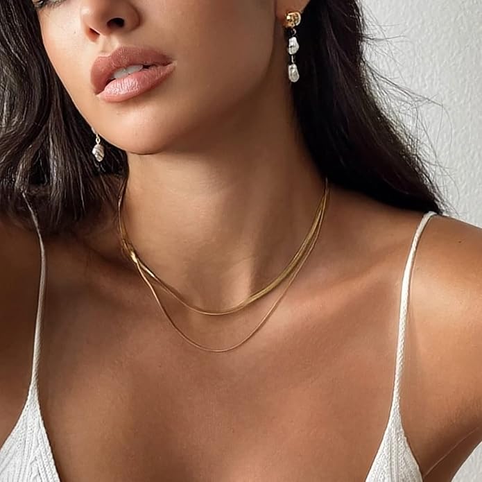 Freekiss Herringbone Necklace for Women,Dainty Gold Necklace,14k Gold Plated Snake,Gold Chain Choker Necklaces,Simple Gold Layered Necklaces,Gold Jewelry Gift for Women