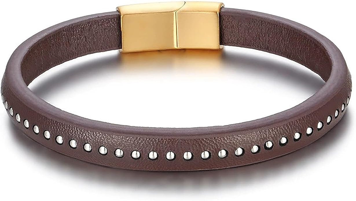 Italian Handmade Genuine Leather Bracelets for Men Stainless Steel Clip, Men's Casual Genuine Multi-layer Cuff Bracelet, Bracelet Gift for Real Men