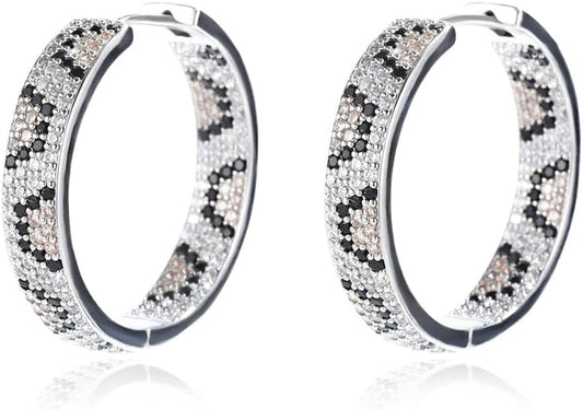 Rose Gold Hoop Earrings for Women, 925 Silver-Plated Thickened Hypoallergenic Earrings, CZ Black Gemstone-Inlaid Earrings - Women's Fashion Jewelry