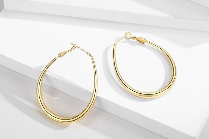 Lightweight Oval Hoop Earrings for Women - 14K Gold Plated, Rose Gold Plated and Sterling Silver Plated Large Oblong Hoop Earrings for Women Statement Jewelry Gift