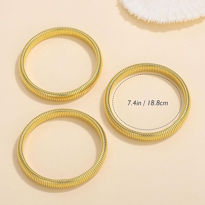 Emibele Gold Bangles Bracelet Set for Women, 18K Gold Plated Chunky Stainless Steel Non Tarnish Stretch Bracelet Stack, Flexible Wide Wristband Bangle Layered Snake Chain Bracelets