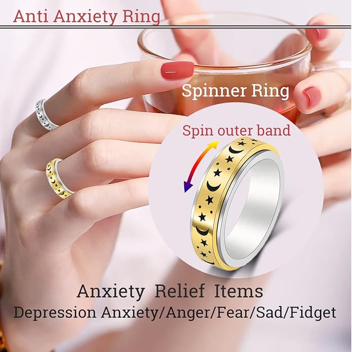 AmorArtSky Anxiety Ring for Women Men, Titanium Stainless Steel Spinner Ring, 5 Colors, 6MM, Size 6-10, 3 Styles Anxiety Ring-Moon Star, Sandblasted Finished, Hollow Outer