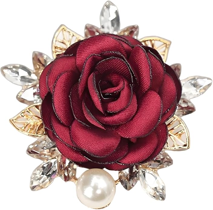 QLUYCKW Rose Flower Brooch Pin for Women Fashion Dainty Gold Plated 3D Red Roses Floral Crystal Brooch Pin Birthday Dress Suit Accessories Jewelry
