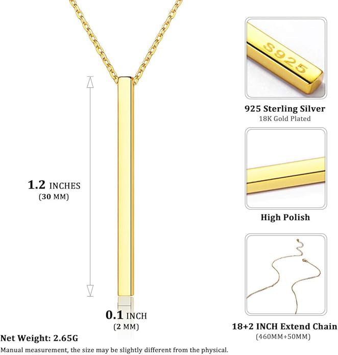 ChicSilver Customizable Vertical Bar Pendant Necklace 925 Sterling Silver Y Necklace Simple Fashion Jewelry Gifts for Women