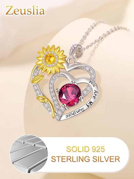 Zeuslia Double Birthstone Necklace Gifts for Wife - 925 Sterling Silver Sunflower/Rose/Crown Cross/Compass/Heart Pendant I Love You Necklace, Anniversary Birthday Gifts for Wife Girlfriend Mom Her