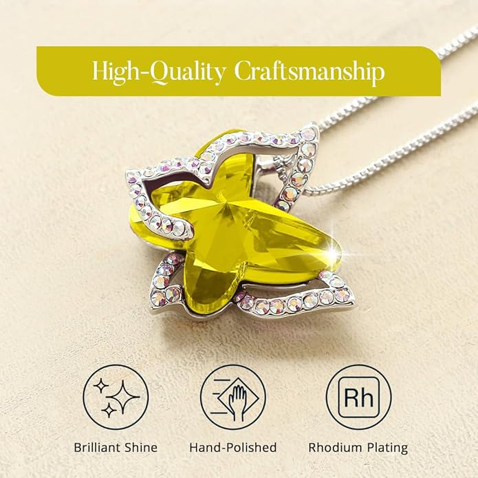 GEMMANCE Valentine's Day Gift Butterfly Birthstone Crystal Necklace, Silver Tone with 18”+2” Chain, Necklace for Mother’s Day Anniversary Birthday Gifts for Women and Daughter