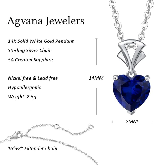 AGVANA Christmas Gifts 14K White Gold Gemstone Pendant with Sterling Silver Chain 8mm Heart Birthstone Necklace for Women Fine Jewelry Anniversary Birthday Gifts for Women Mom Wife Girlfriend Her