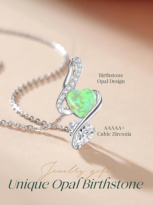LOUISA SECRET 925 Sterling Silver Opal Birthstone Necklace, Unique Tiny Double Heart Pendant Jewelry, Engraved with "S925 I Love You" Best Birthday Gift for Women Wife Girlfriend Mom Her, Christmas Day Valentine's Day Anniversary Mother's Day