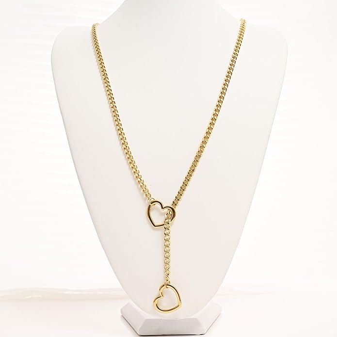 Heart Slip Chain Necklaces for Women,Stainless Steel O-Ring Adjustable Lariat Y-Necklace,Punk Gothic Cuban Collar Choker Necklace for women