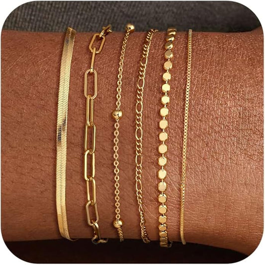 DEARMAY Waterproof Gold Plated Bracelets Set for Women Trendy, Dainty 14K Gold Jewelry Fashion Stackable Tennis Beaded Figaro Herringbone Paperclip Link Bracelet Pack Stack Gifts for Women