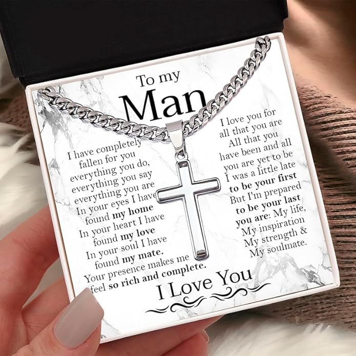 SUTERY Cross Cuban Chain Necklace - Promise Necklace for Him, Necklace for Boyfriend, Mens Necklace for Fiance, Valentine's Day