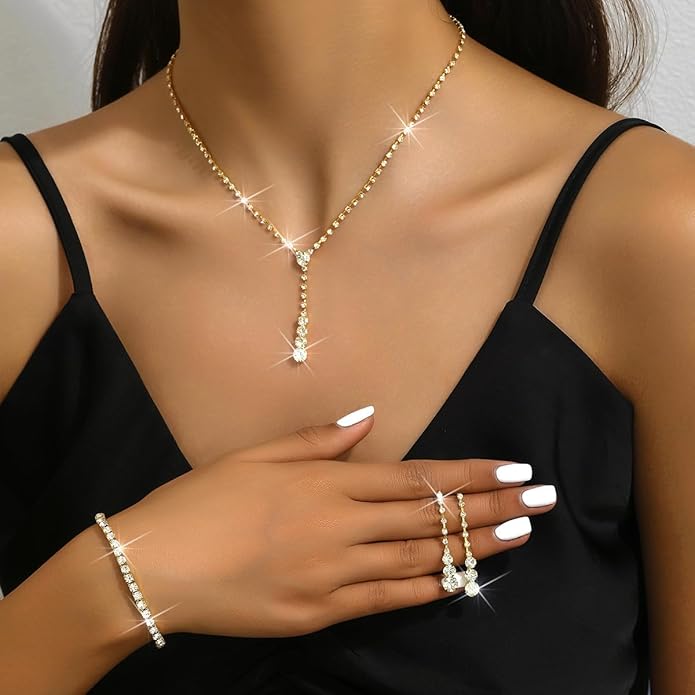 MIFYNN Rhinestone Wedding Set for Women Sparkle Crystal Earrings Necklace Bracelet Jewelry Set Wedding Party Prom Jewelry Set for Brides Bridesmaid