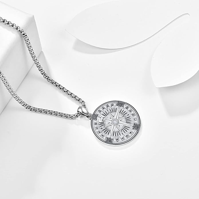KINGWHYTE Compass Necklace for Men 925 Sterling Silver Birthday Gifts Graduation Travel Jewelry for Husband Brother with Stainless Steel Chain