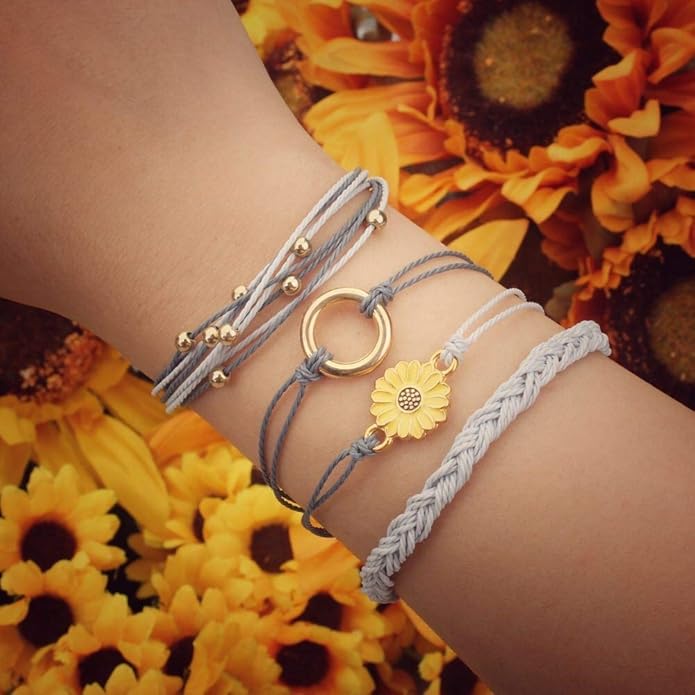 FANCY SHINY Sunflower String Bracelet Boho Braided Rope Wrap Bracelets Cute Summer Beach Surfer Jewelry for Women