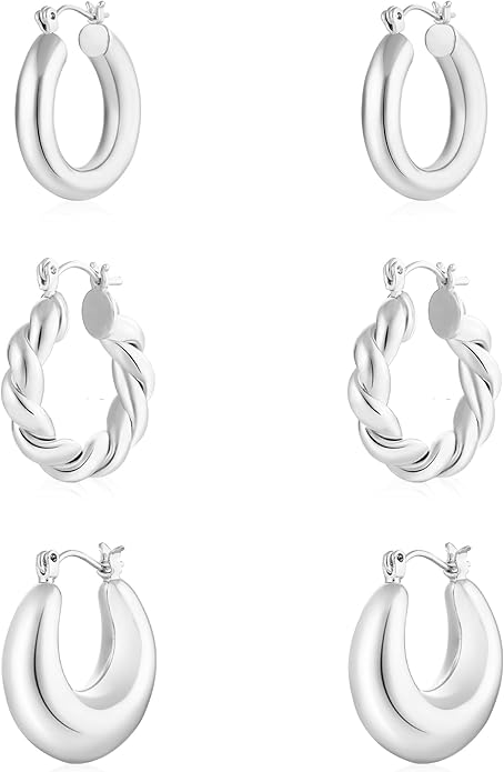 WGOUD 3Pairs 14K Gold Plated Chunky Hoop Earrings Set for Women, Trendy Hoop Earring 925 Sterling Silver Post - Hypoallergenic Thick Lightweight Twisted Hoops Dainty Gold Earrings for Women Jewelry Gifts