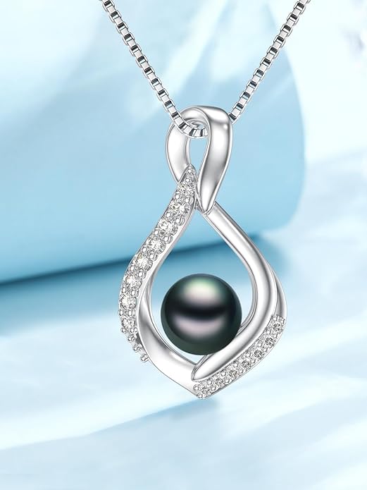 Tahitian Black Pearl Necklace Infinity Gifts for Women Wife Wedding Birthday Anniversary Jewelry Valentines Christmas Day Gifts 925 Sterling Silver