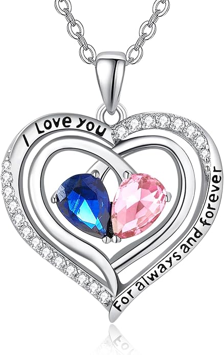 Zeuslia Double Birthstone Necklace Gifts for Wife - 925 Sterling Silver Sunflower/Rose/Crown Cross/Compass/Heart Pendant I Love You Necklace, Anniversary Birthday Gifts for Wife Girlfriend Mom Her