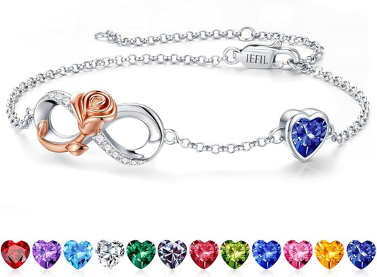 Iefil Infinite Rose Birthstone Bracelet for Women, 925 Sterling Silver Charm Link Birthstone Bracelet, Anniversary Birthday Gifts for Women, Mothers Day Valentines Christmas Gifts for Wife Girlfriend