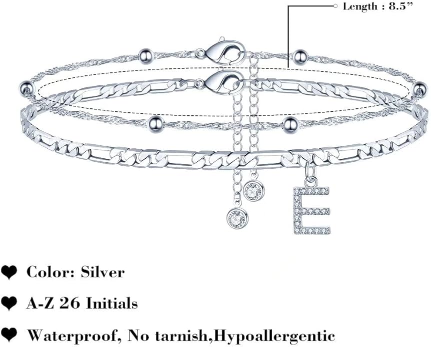 Ursteel Ankle Bracelets for Women, 14K Gold Plated Dainty Layered Chain CZ Initial Anklets Summer Jewelry Gifts for Women