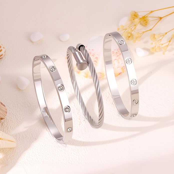 Gold Bracelets for Women - Stackable Bangles with Friendship & Love Theme - Stainless Steel Jewelry Gift for Her